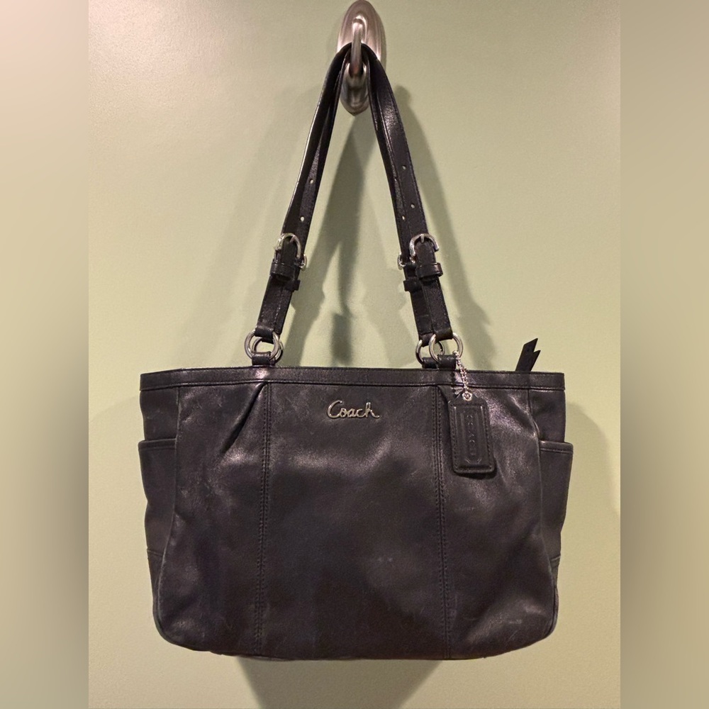 COACH F17721 Gallery Leather East West Handbag Tote Shoulder Logo Black GV GY11
